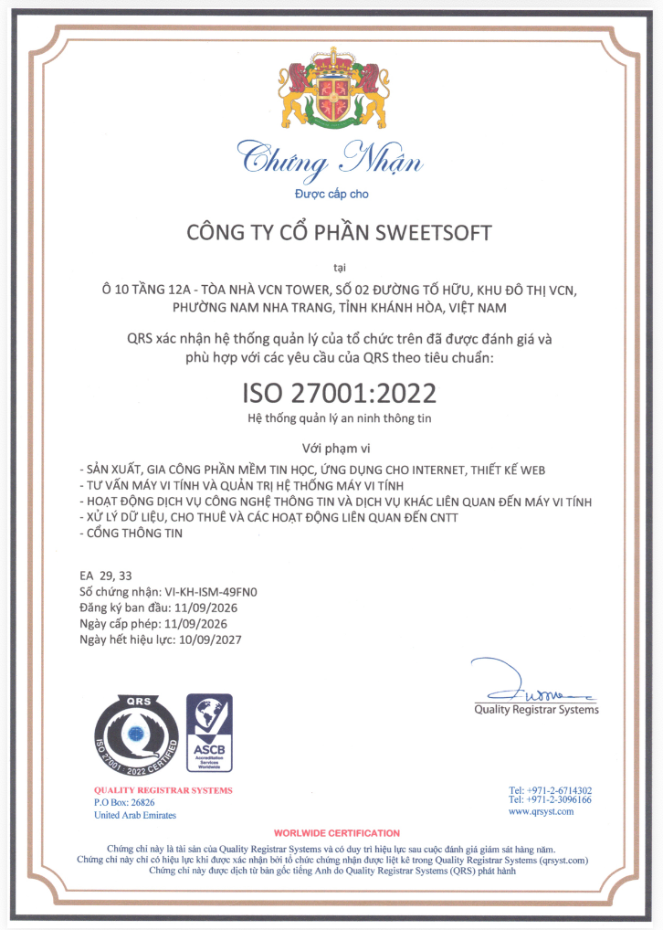 Chứng nhận ISO 27001:2022 dành cho Công ty cổ phần SweetSoft